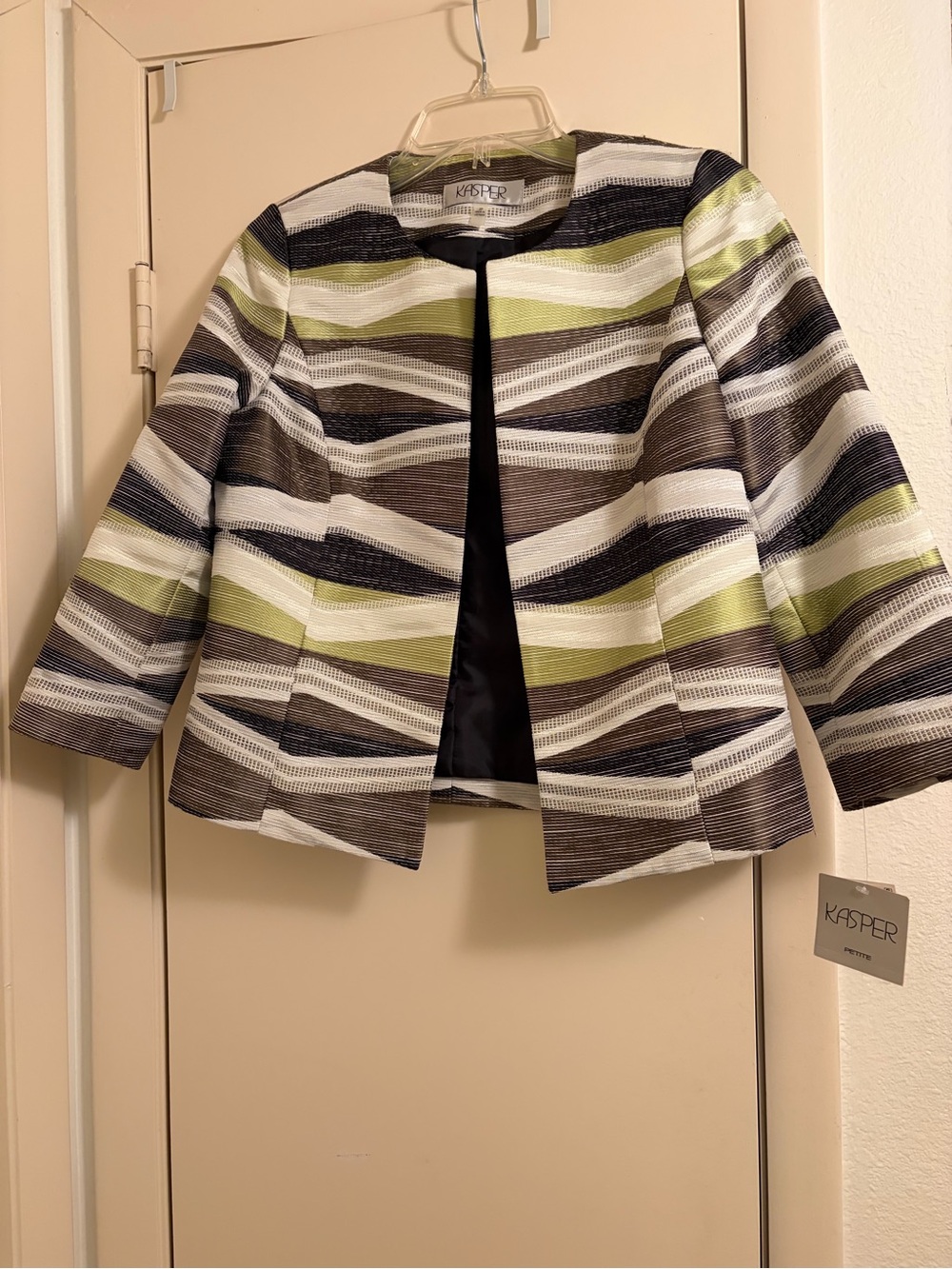 Kasper Striped Open-Front Blazer in Olive, Black & White